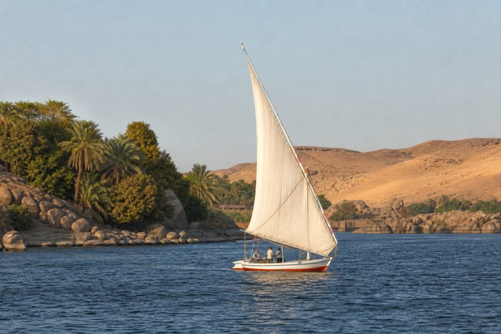 Felucca tradicional navegando por el río Nilo en Aswan, Egipto