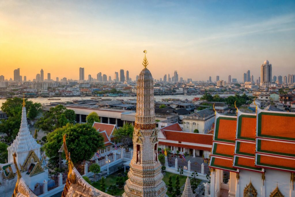 Templo Wat Arun junto al río Chao Phraya en Bangkok, Tailandia