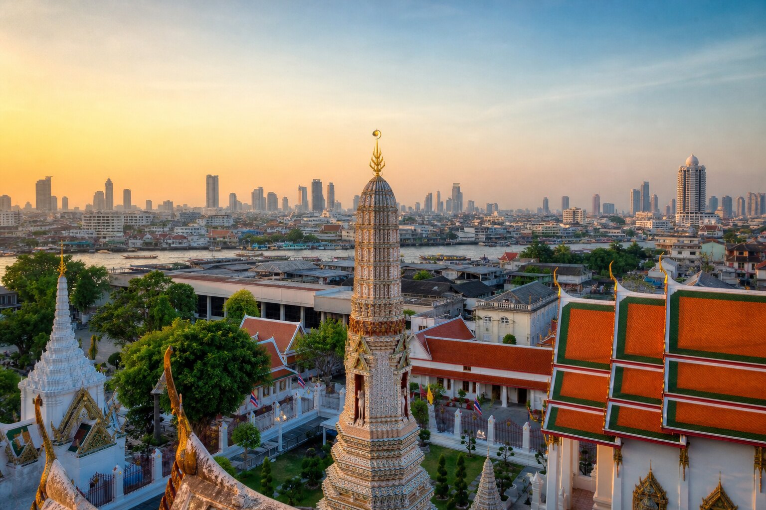 Templo Wat Arun junto al río Chao Phraya en Bangkok, Tailandia