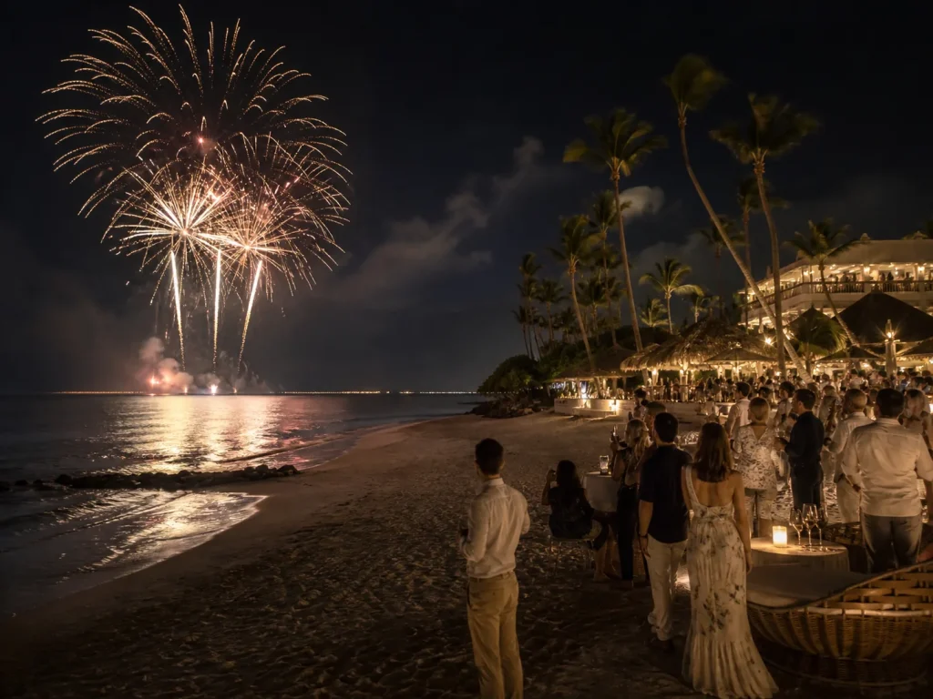 Fuegos artificiales sobre la playa durante la celebración de Fin de Año en Punta Cana