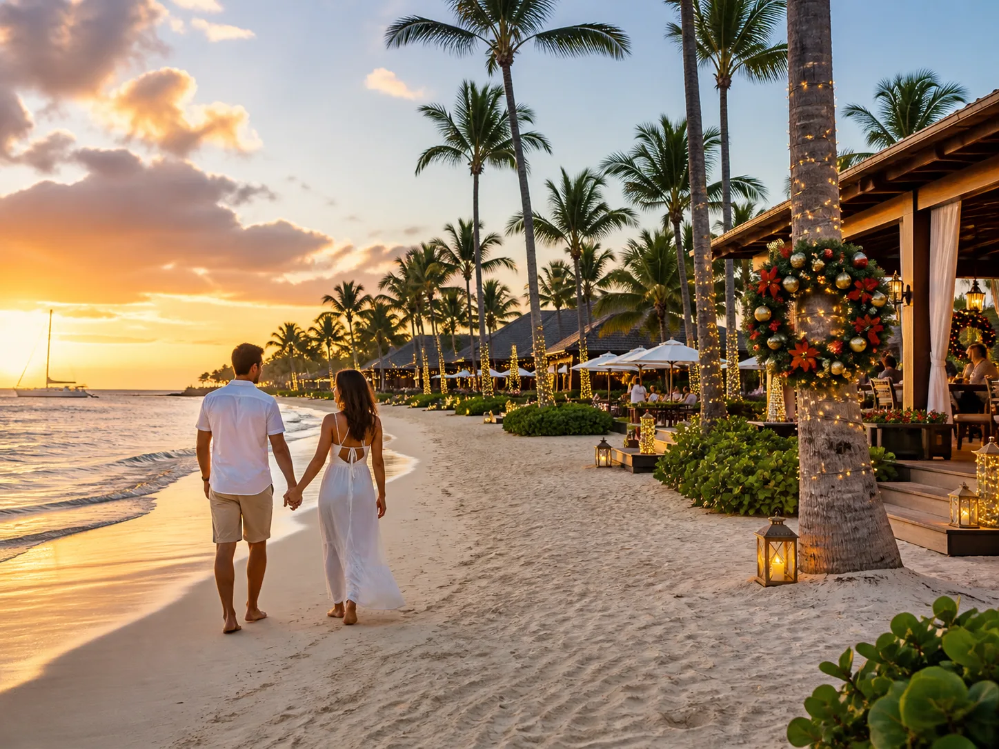 Pareja caminando frente a un resort decorado para Navidad en Punta Cana