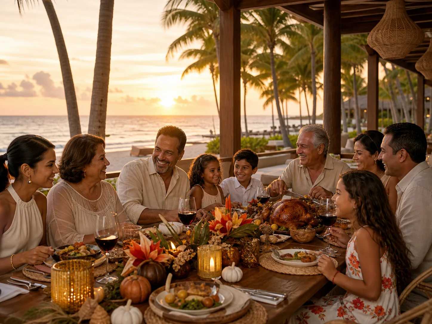 Familia celebrando una cena de Thanksgiving frente al mar en Punta Cana