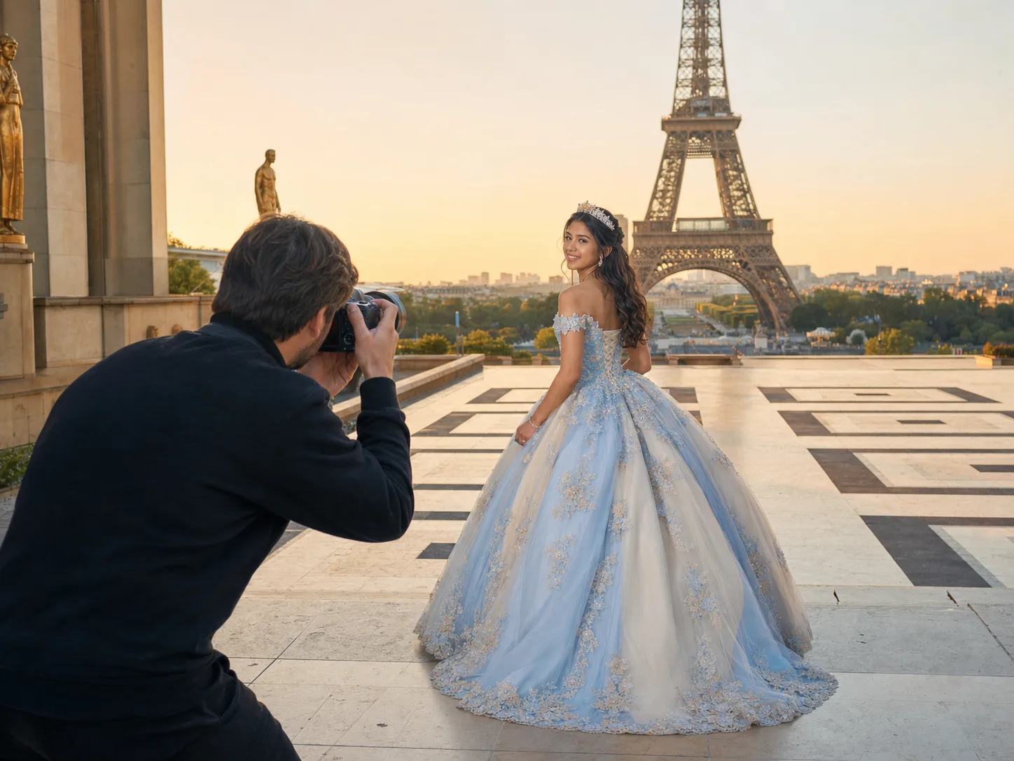 Quinceañera con vestido de gala durante una sesión fotográfica frente a la Torre Eiffel en París