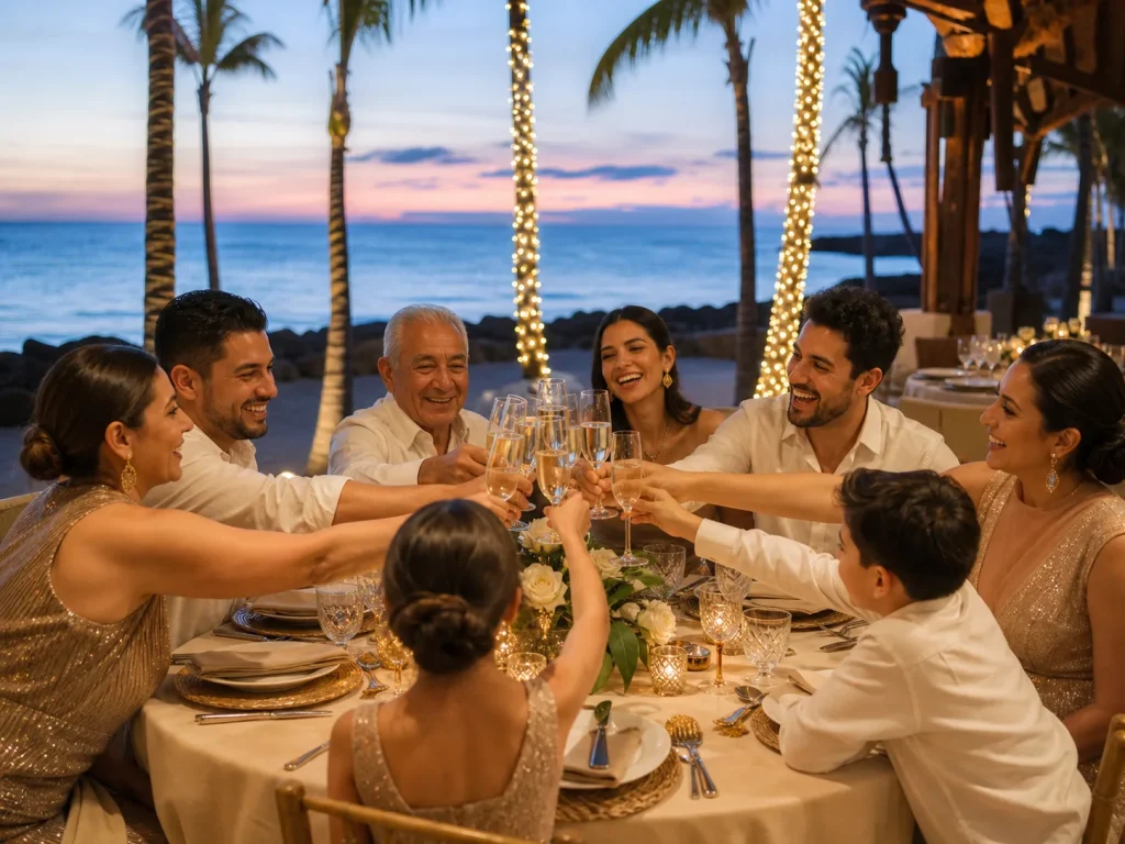 Familia y amigos brindando durante una cena de Fin de Año en un resort de Punta Cana