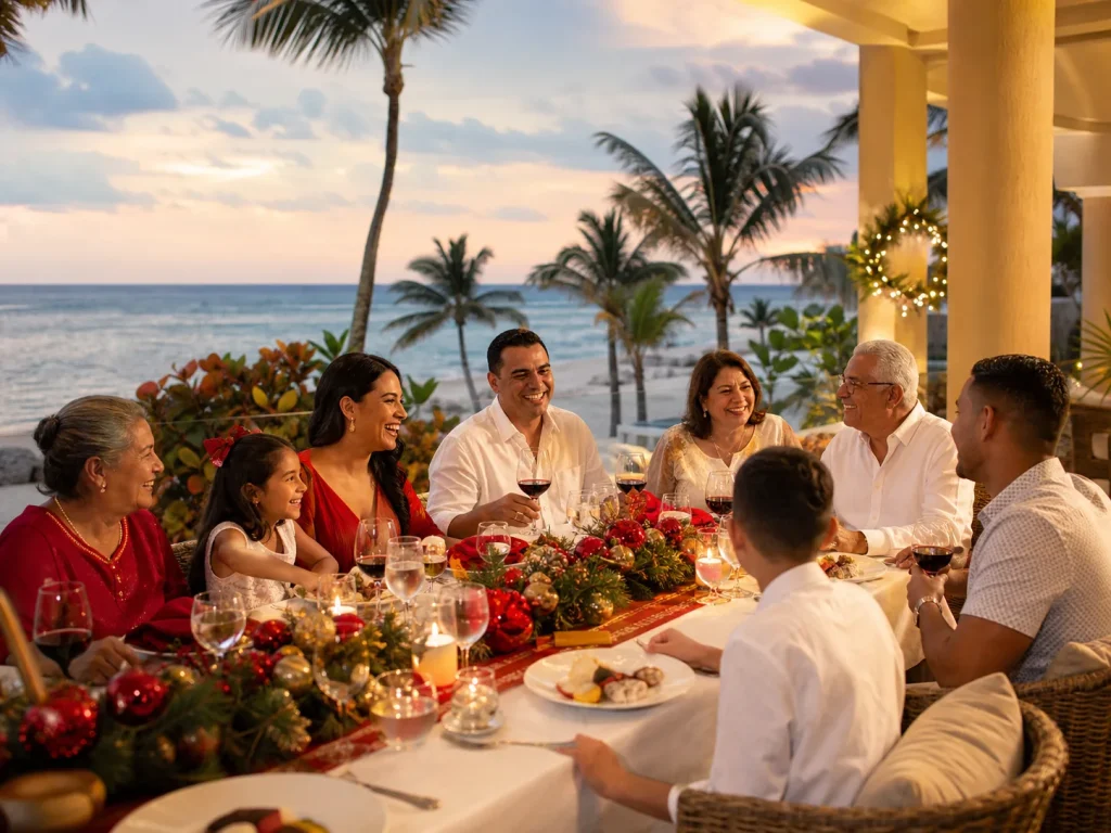 Familia celebrando una cena de Navidad en un resort frente al mar en Punta Cana