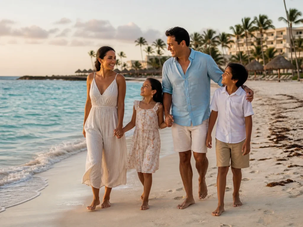 Familia caminando por una playa de Punta Cana durante sus vacaciones de Thanksgiving