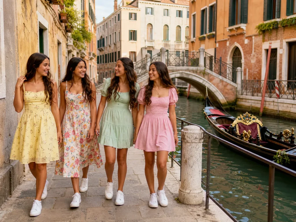 Grupo de quinceañeras recorriendo un canal de Venecia durante su tour por Europa