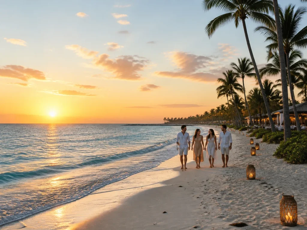 Viajeros caminando por la playa de Punta Cana durante el primer amanecer del año