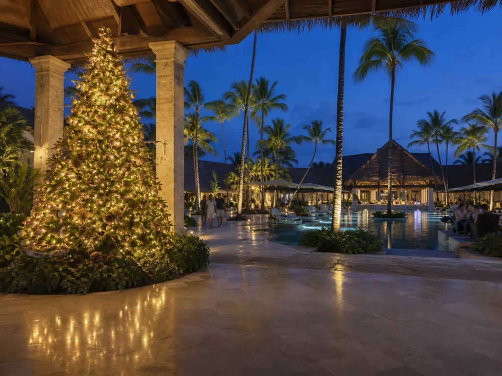 Árbol de Navidad iluminado junto a la piscina de un resort de Punta Cana