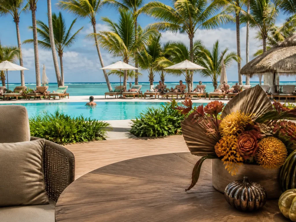 Piscina de resort frente al mar con decoración tropical de Thanksgiving en Punta Cana