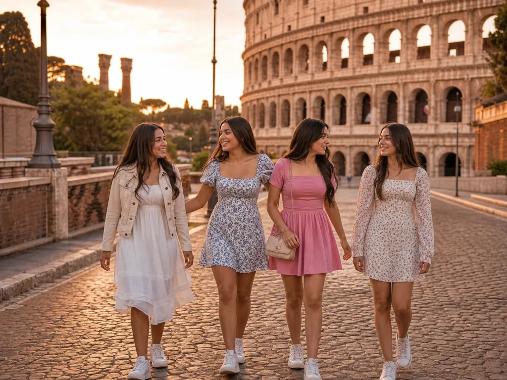 Grupo de quinceañeras visitando el Coliseo de Roma durante su viaje por Europa